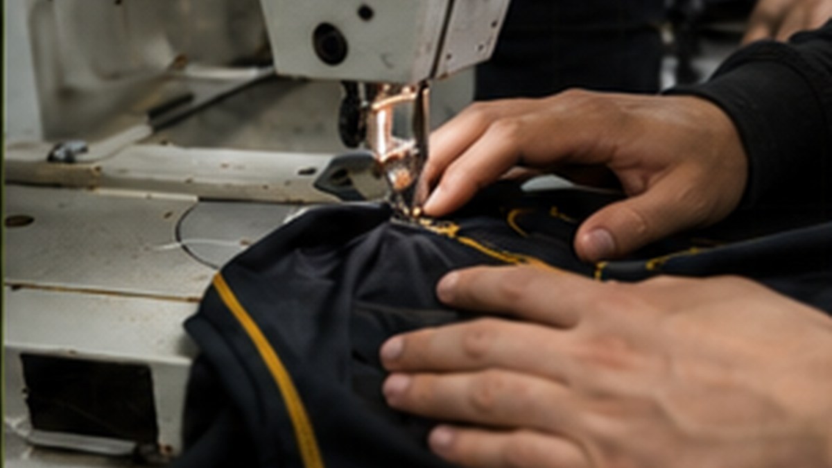 Close-up of sportswear stitching during controlled production