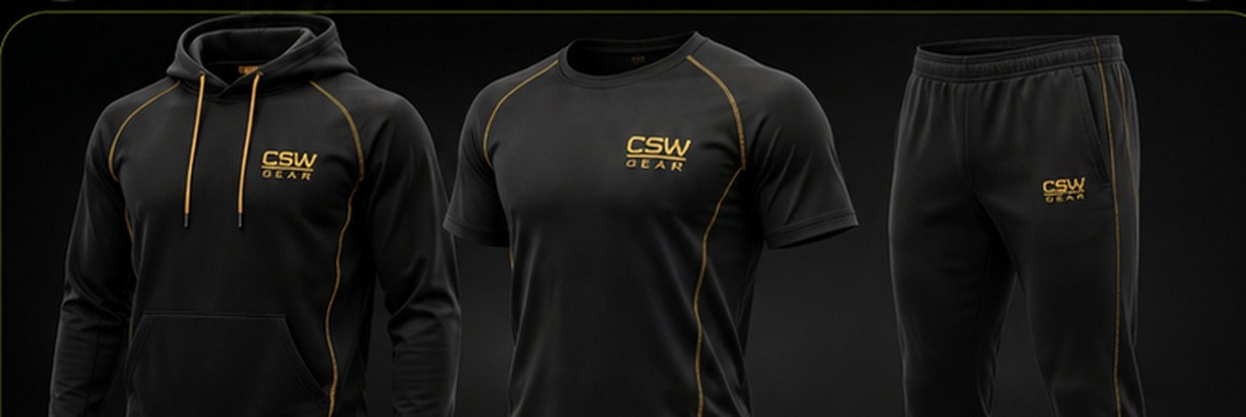 Custom teamwear range including hoodie, performance tee and tracksuit bottoms